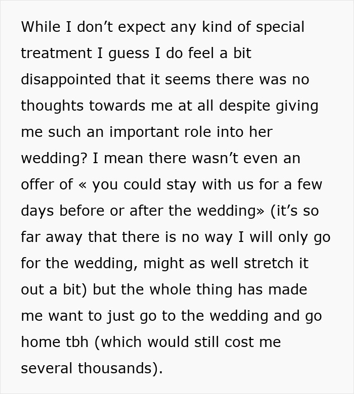 Text expressing disappointment over lack of consideration for an important wedding role. Text expressing disappointment over lack of consideration for an important wedding role.