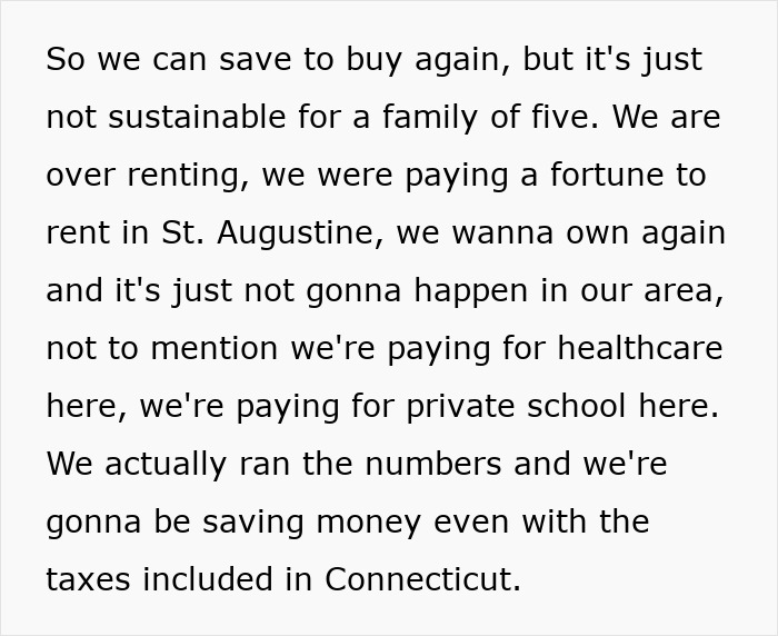 Text discussing a mom's reasons for moving to a blue state for cost savings, highlighting housing and education expenses.