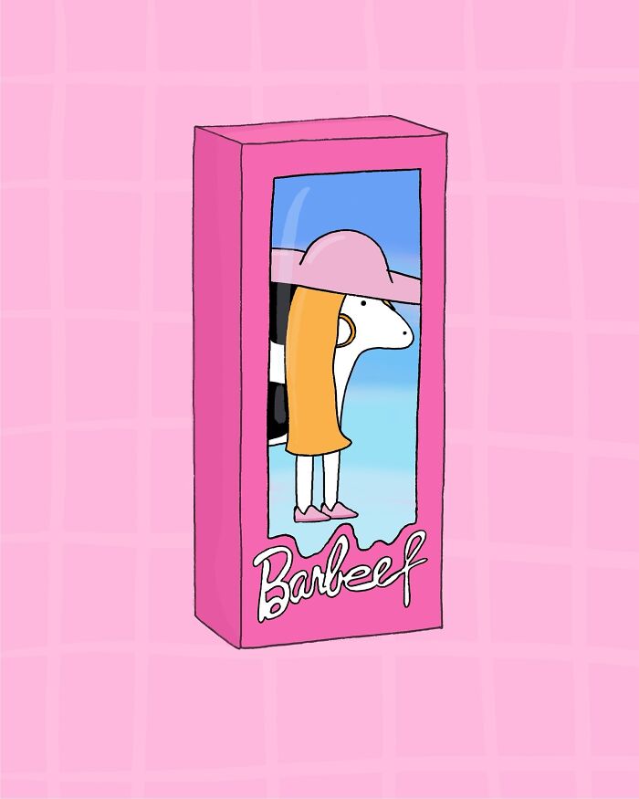 Illustration of a cow in a toy box labeled "Barbeef" on a pink background, blending humor with cow content.