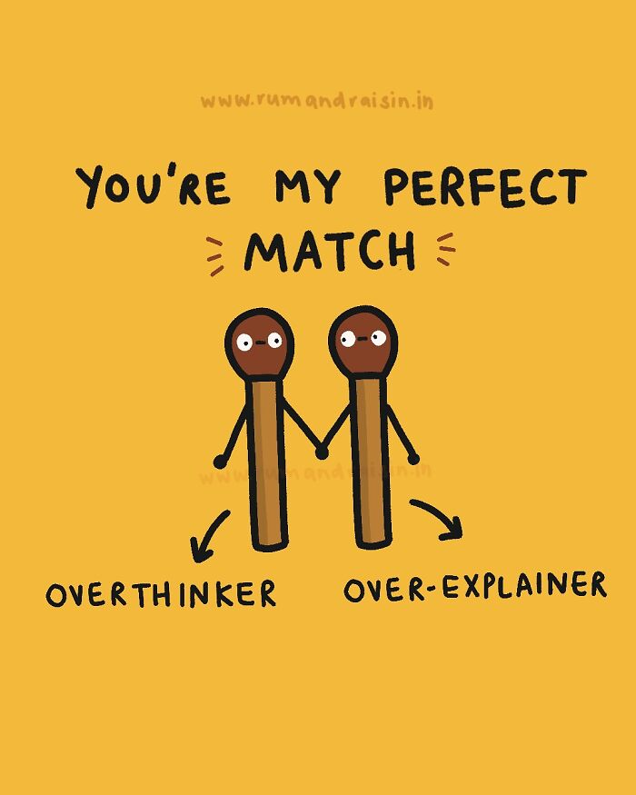 Two matchstick figures labeled overthinker and over-explainer holding hands, illustrating anxiety experiences.