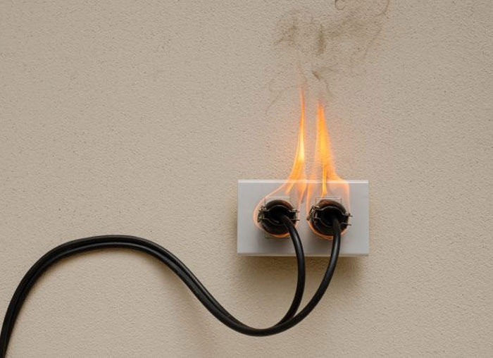 Electrical hazard with burning plug in a wall outlet, illustrating safety facts that could save a life.