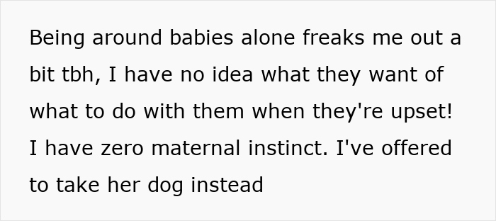 Text expressing discomfort around babies and offering to care for a dog instead, highlighting childfree perspectives.