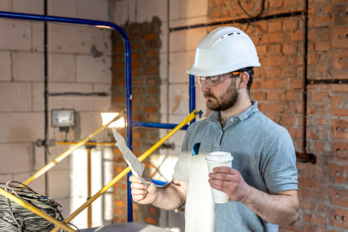 Construction worker in a hard hat holds a piece of paper and coffee, contemplating workplace revenge.