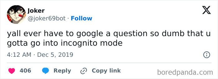 Social media post humorously highlighting an awkward life moment about using incognito mode for silly Google searches.