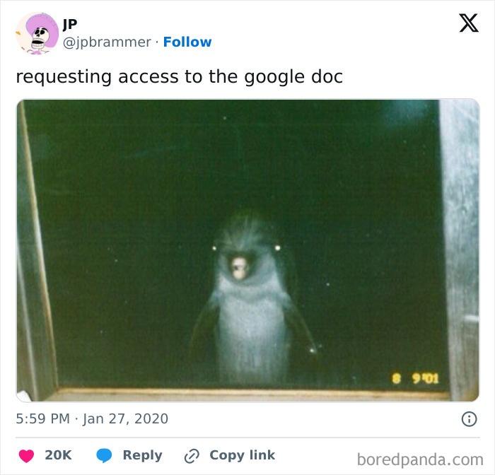 Penguin standing at a door, captioned "requesting access to the google doc," humorous work tweet.