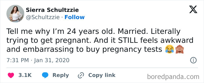 Tweet about awkward life moments of buying pregnancy tests, highlighting embarrassment despite being married.