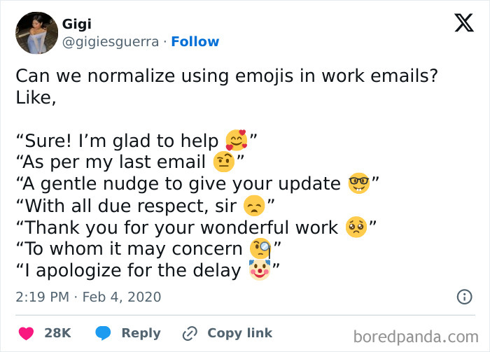 Tweet about adding emojis to work emails for humor and expression.