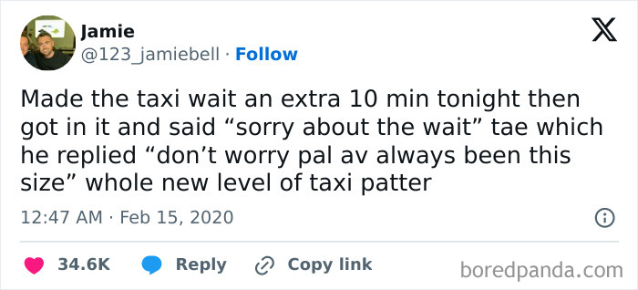 Tweet showcasing Scottish humor with a witty exchange between a taxi passenger and driver about waiting times.