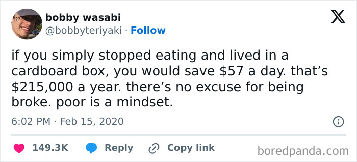 Social media post joking about saving money by living in a cardboard box, related to broke-people jokes.