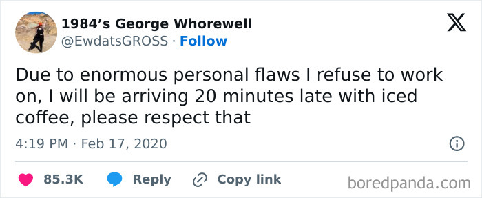 Funny work tweet about being late due to personal flaws, accompanied by iced coffee.