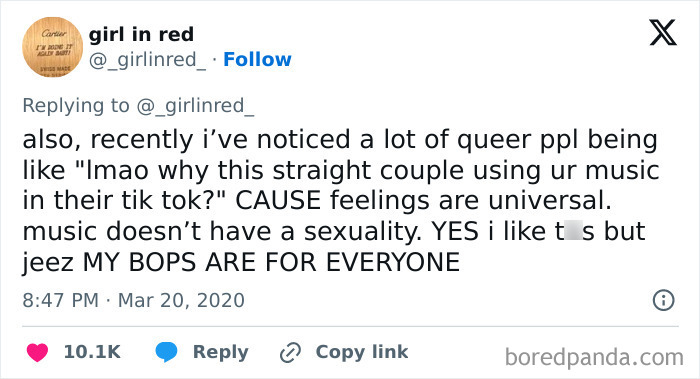 Tweet about music being universal and inclusive, expressing that "my bops are for everyone," promoting online wholesomeness.