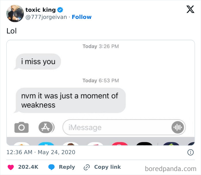 Text message meme from Instagram page shows a funny conversation about missing someone.