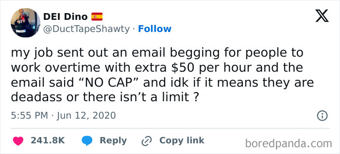 Tweet screenshot of a joke about a work email offering $50 extra for overtime with "NO CAP" phrase.