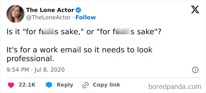 A humorous tweet about punctuation in work email jokes for professionalism.