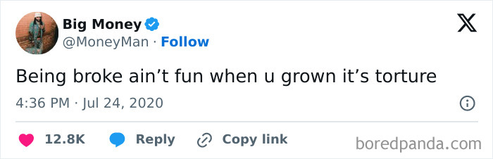 Tweet about the challenges and humor of being broke in adulthood.