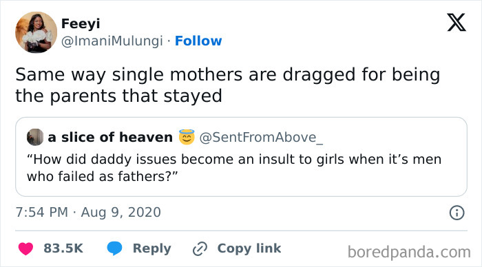 Tweet highlighting issues of sexism, questioning the negative perception of single mothers and societal gender bias.