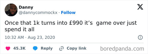 Tweet humorously commenting on spending when £1k decreases to £990.