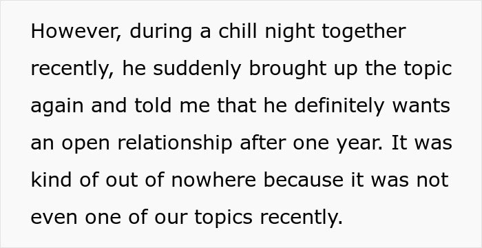 Text discussing a sudden desire for an open relationship, surprising the partner.