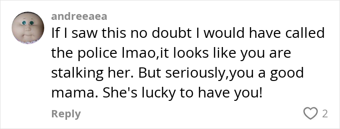 Comment discussing a mom following her daughter on 5k runs, highlighting a humorous take on parenting.