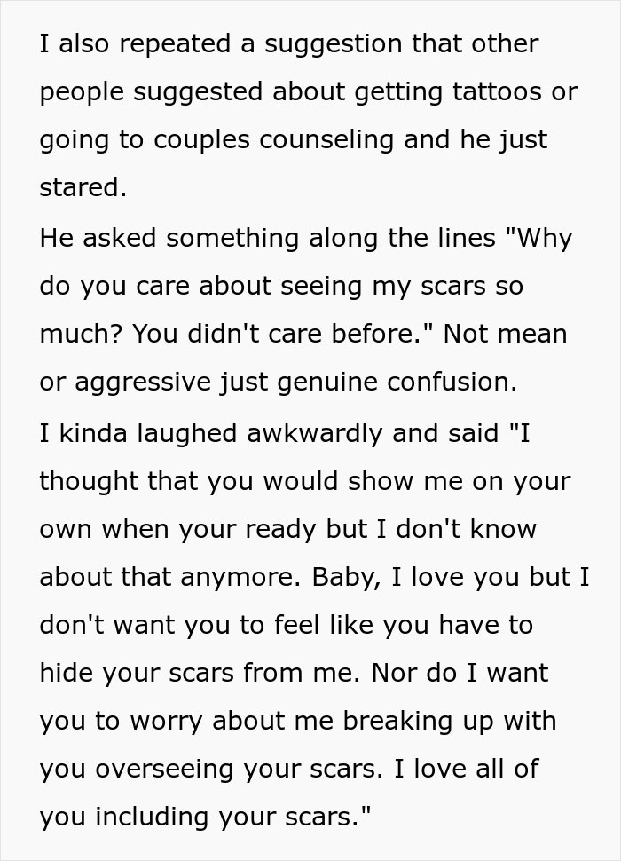 Text about a discussion of burn scars, addressing concerns about hiding scars and relationship acceptance.