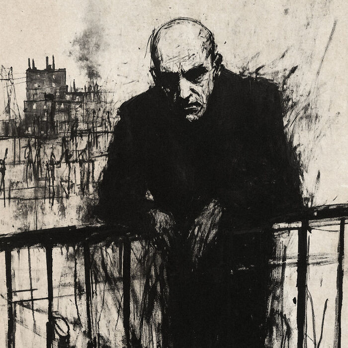 Eerie painting of a figure leaning on a railing, with industrial decay in the background.