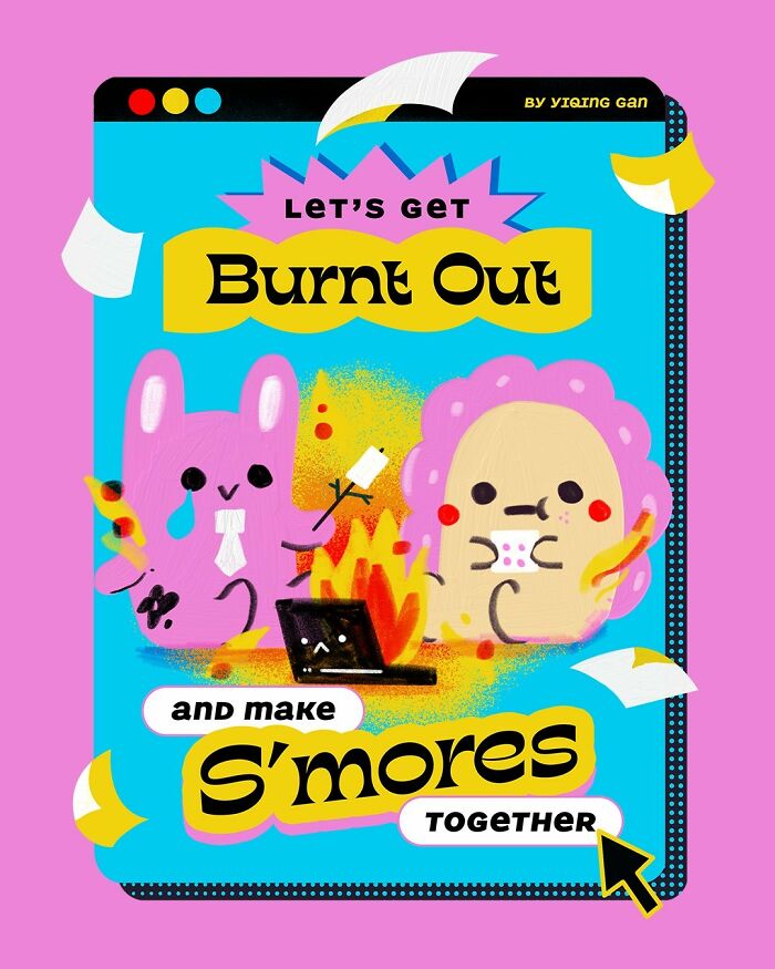 Cute characters in a colorful illustration about burnout and making s'mores together.