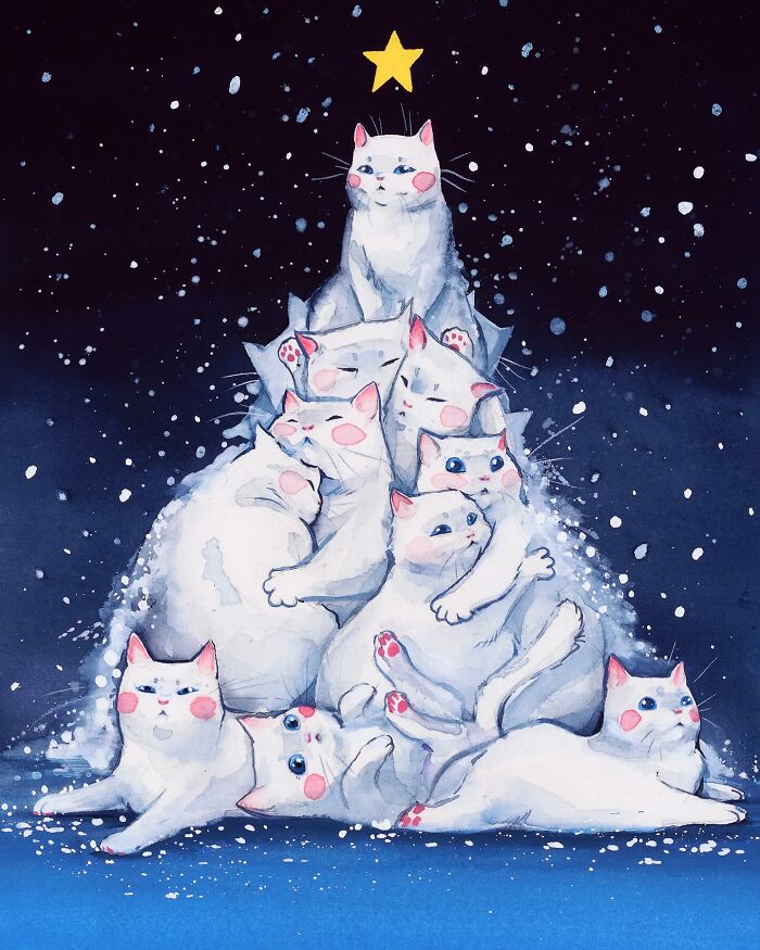 Dream-like painting of playful white cats stacked in a tree shape with a star on top, on a starry night background.