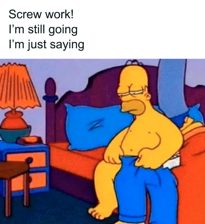 Cartoon character getting dressed with a frustrated expression, capturing the essence of relatable job memes.