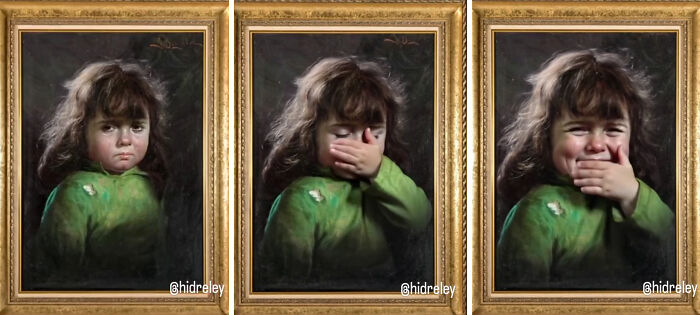 Three framed images showing Bragolin’s crying child portrait transformed, gradually changing from tears to a smiling face using AI.