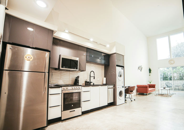 Modern American kitchen with a garbage disposal, stainless steel appliances, and open living area.
