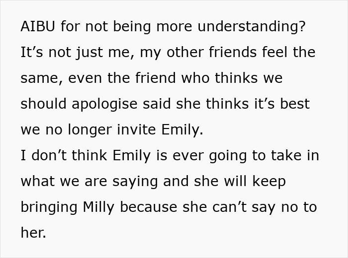 Text discussing a woman excluded from a friend group after bringing her child to a kid-free spa day.