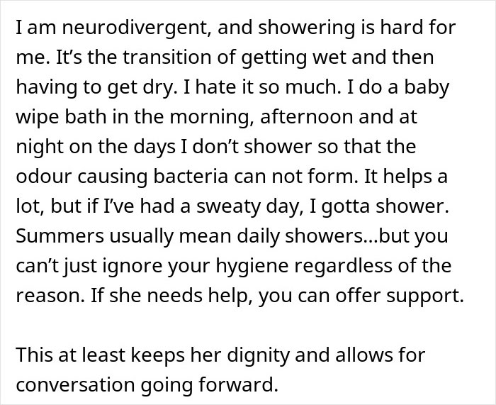 Text discussing challenges of neurodivergent woman with showering and maintaining hygiene. Text discussing challenges of neurodivergent woman with showering and maintaining hygiene.