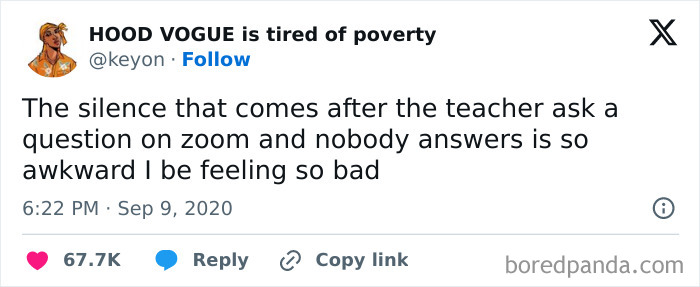 Awkward moment on Zoom when teacher's question is met with silence, making everyone feel uneasy.