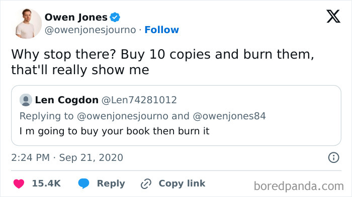 Twitter screenshot with a clever comeback about buying and burning books.