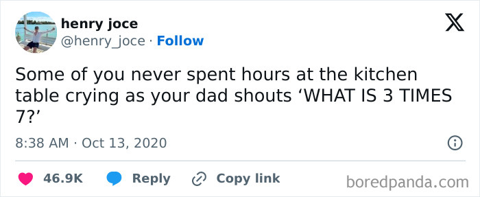 Relatable meme about childhood math struggles, featuring a dad shouting math questions at the kitchen table.