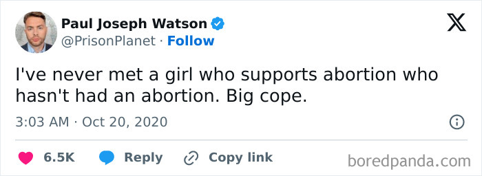A tweet by Paul Joseph Watson with a controversial opinion, gaining 6.5K likes.