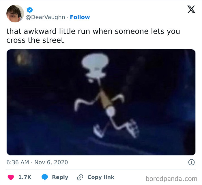 Animated character doing an awkward run across the street at night, capturing a relatable life moment.