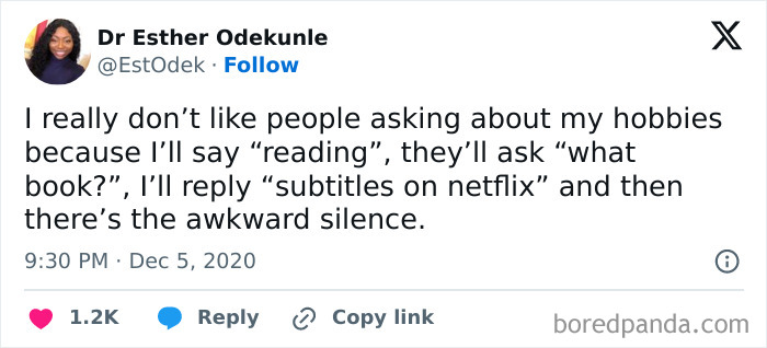 Tweet about awkward life moment discussing hobbies, leading to a humorous silence about reading Netflix subtitles.