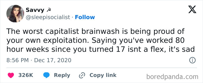 Tweet about work-related humor and exploitation, noting the irony of boasting 80-hour weeks as success.