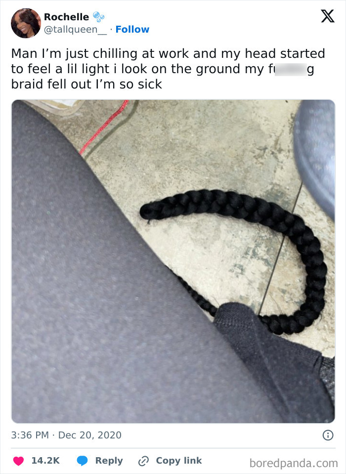 Detached braid on the floor beside a person's leg, symbolizing a worst day at work mishap.