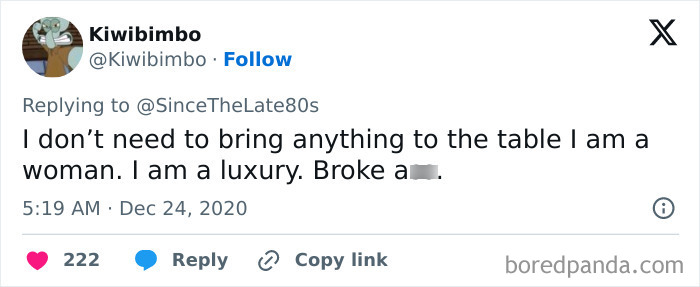 Tweet by Kiwibimbo in FB group sharing a bold hot take about being a woman as a luxury.