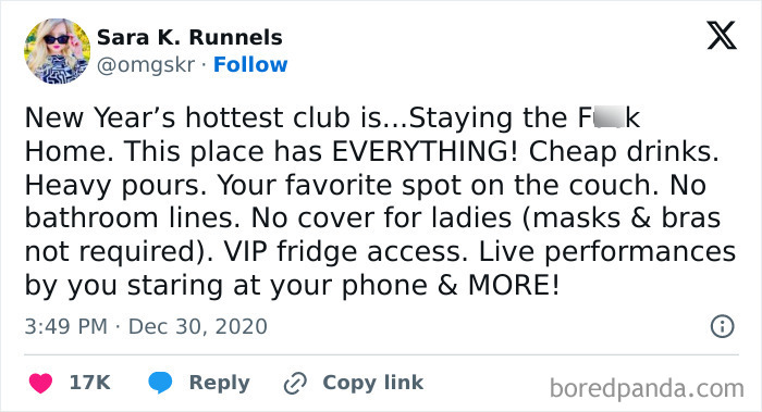 Tweet from a women's humor page describing staying home as the best New Year's club with relatable perks.