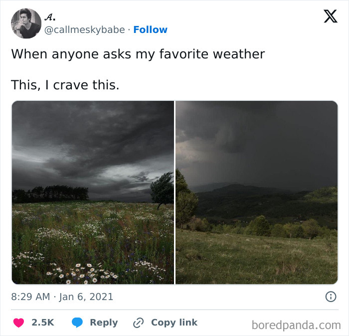 Dark stormy skies over fields used in a humorous meme from Women's Humor page.