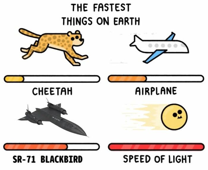 Literal meme showing fastest things: cheetah, airplane, SR-71 Blackbird, and speed of light.