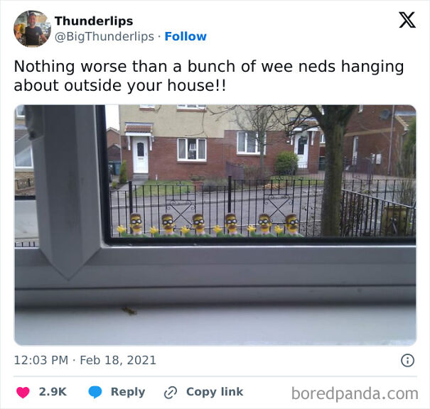 Scottish humor: Toy figures lined up outside window resembling a neighborhood watch on a rainy day.