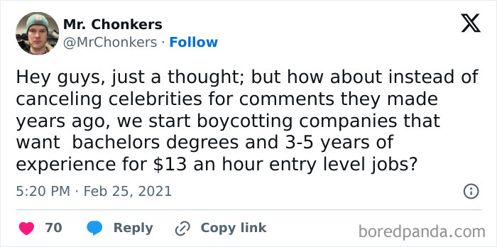 Tweet humorously critiquing job market, suggesting boycotting companies over unrealistic entry-level requirements.