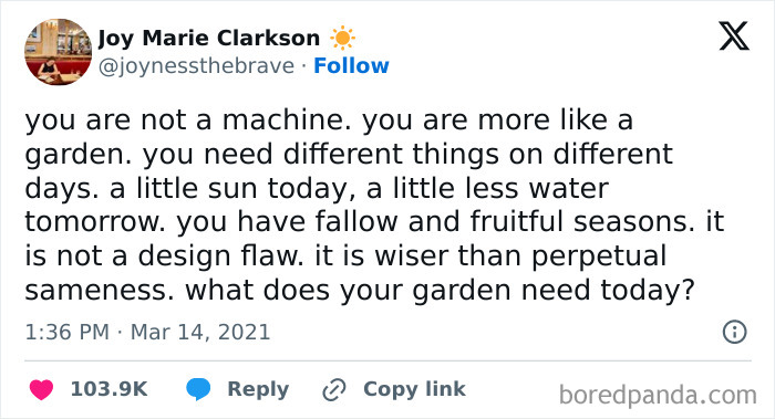 Tweet about life with garden metaphor, encouraging personal growth and variety in seasons.