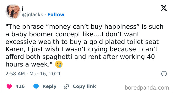 A funny work meme about money and happiness, highlighting generational differences and affordability struggles.