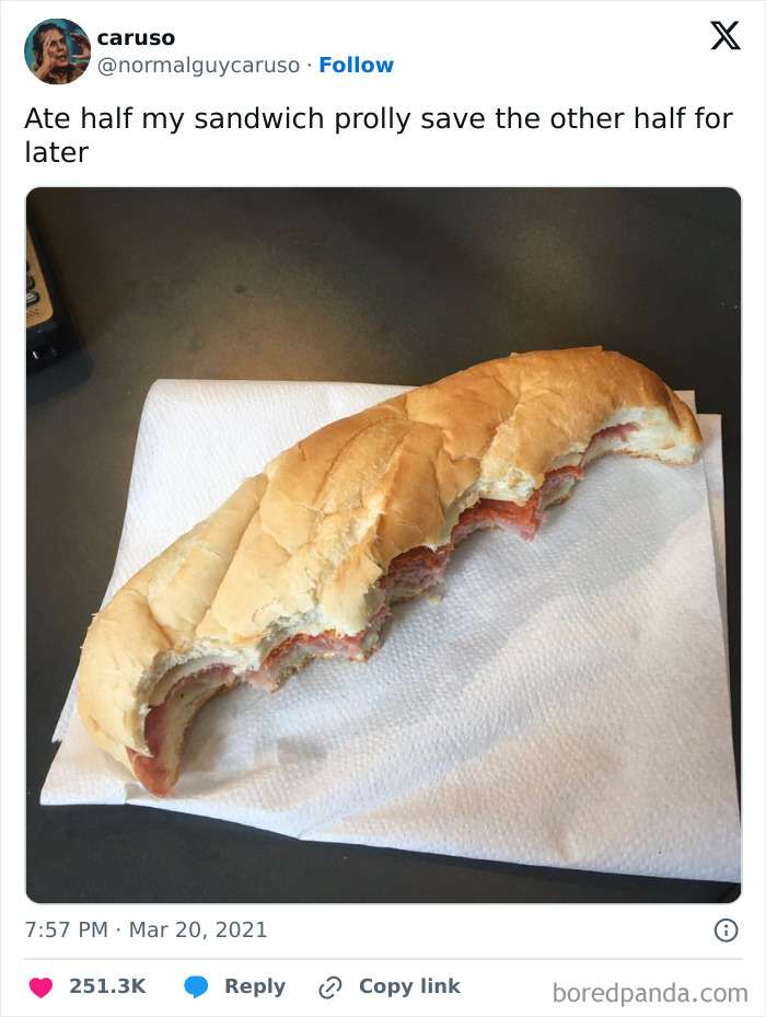 Half-eaten sandwich on a napkin, showcasing chaotic food humor in a meme.