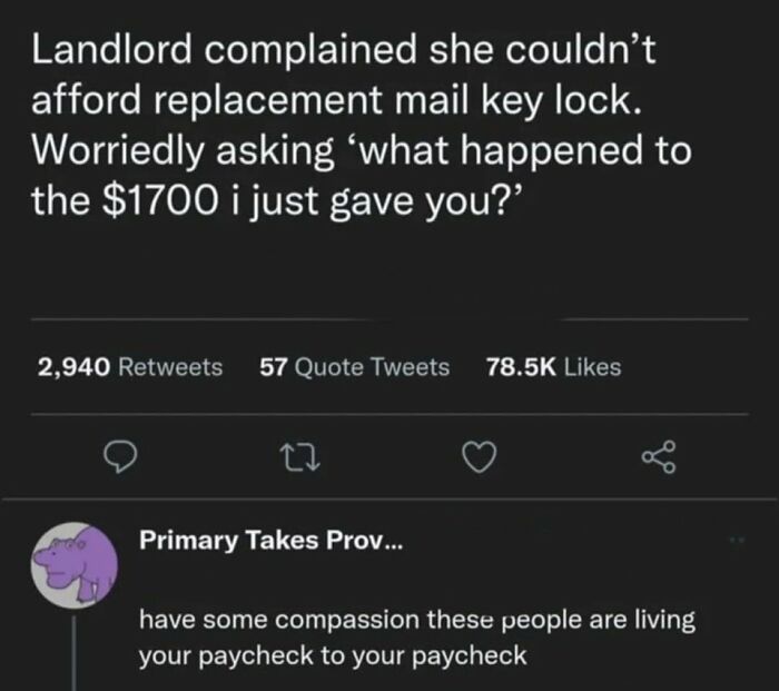 Landlord humor meme text exchange questioning tenant spending, with comments on paycheck dependency, high engagement.